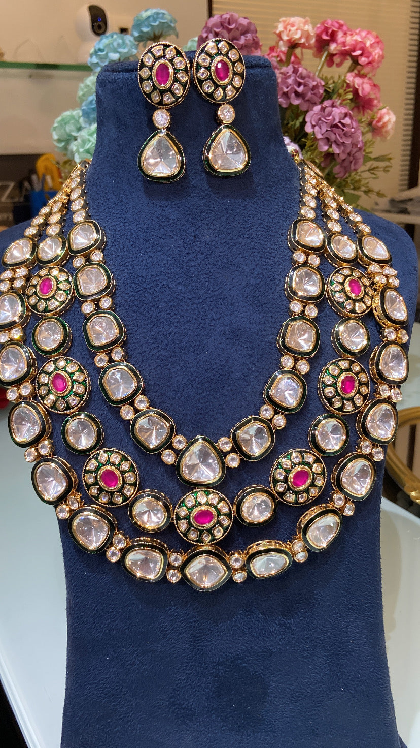 Maharani Festive 3 liner green enamel kundan set