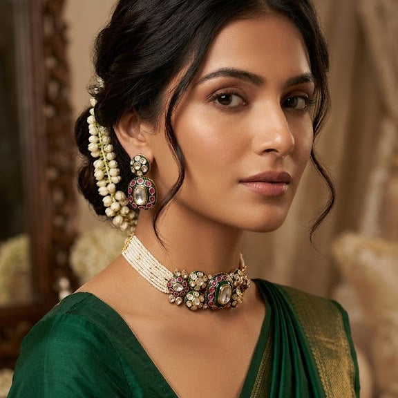 Nizami pearl Polki Choker Set with Emerald & Ruby Pink Meenakari