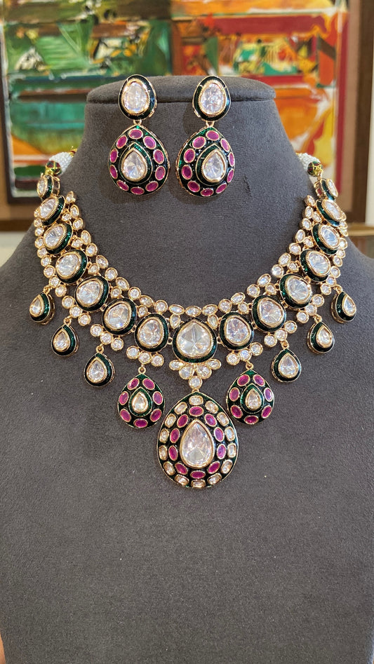 Antique Kundan Polki Choker Set with Emerald & Ruby Pink Meenakari