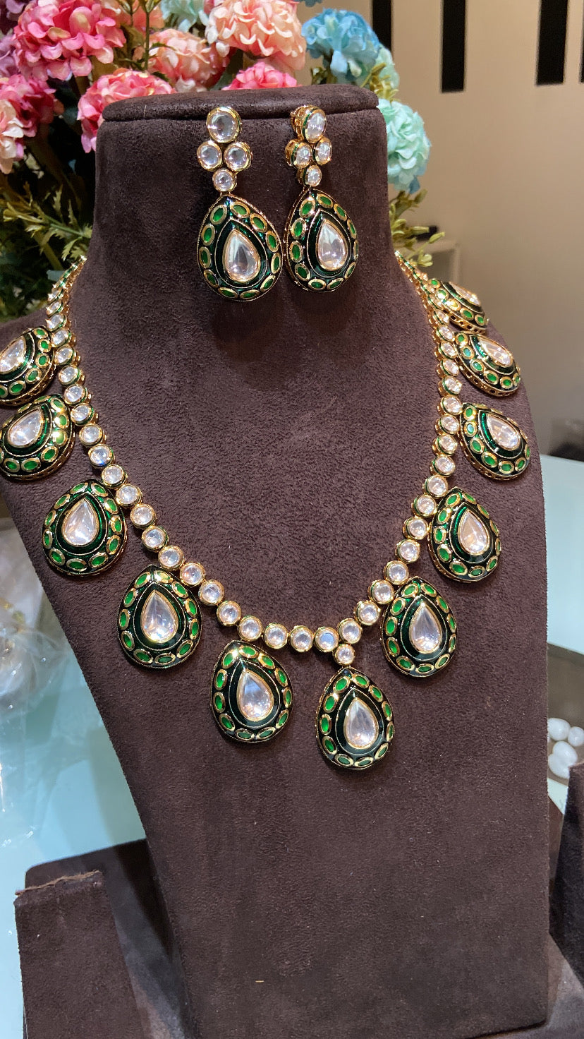 AMEYA LONG POLKI GREEN MEENAKRI SET