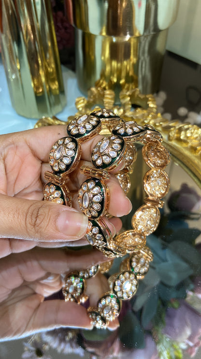 Green enamel Polki bangles (openable) pair