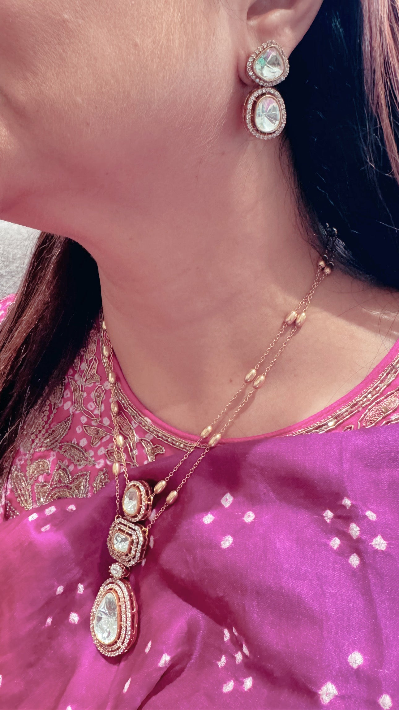 Festive Moissanite polki pendant chain earring set