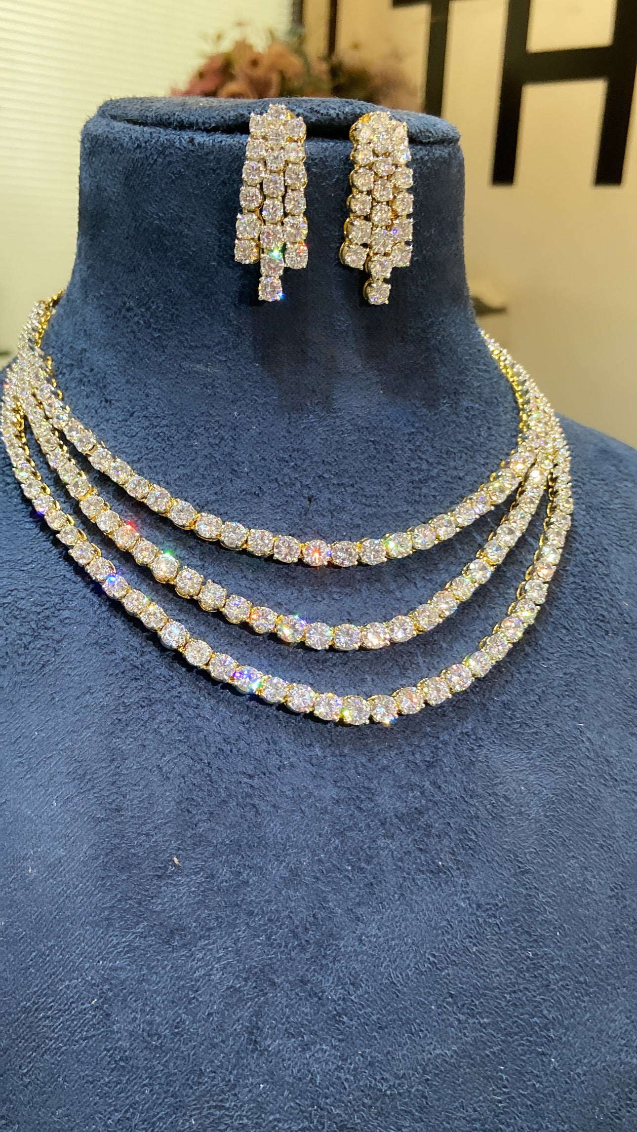 BLING STORY - 3 liner solitaire diamanté necklace set with earrings