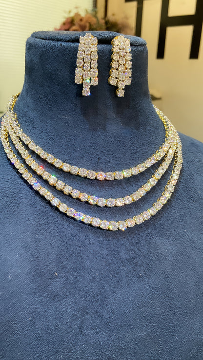 BLING STORY - 3 liner solitaire diamanté necklace set with earrings