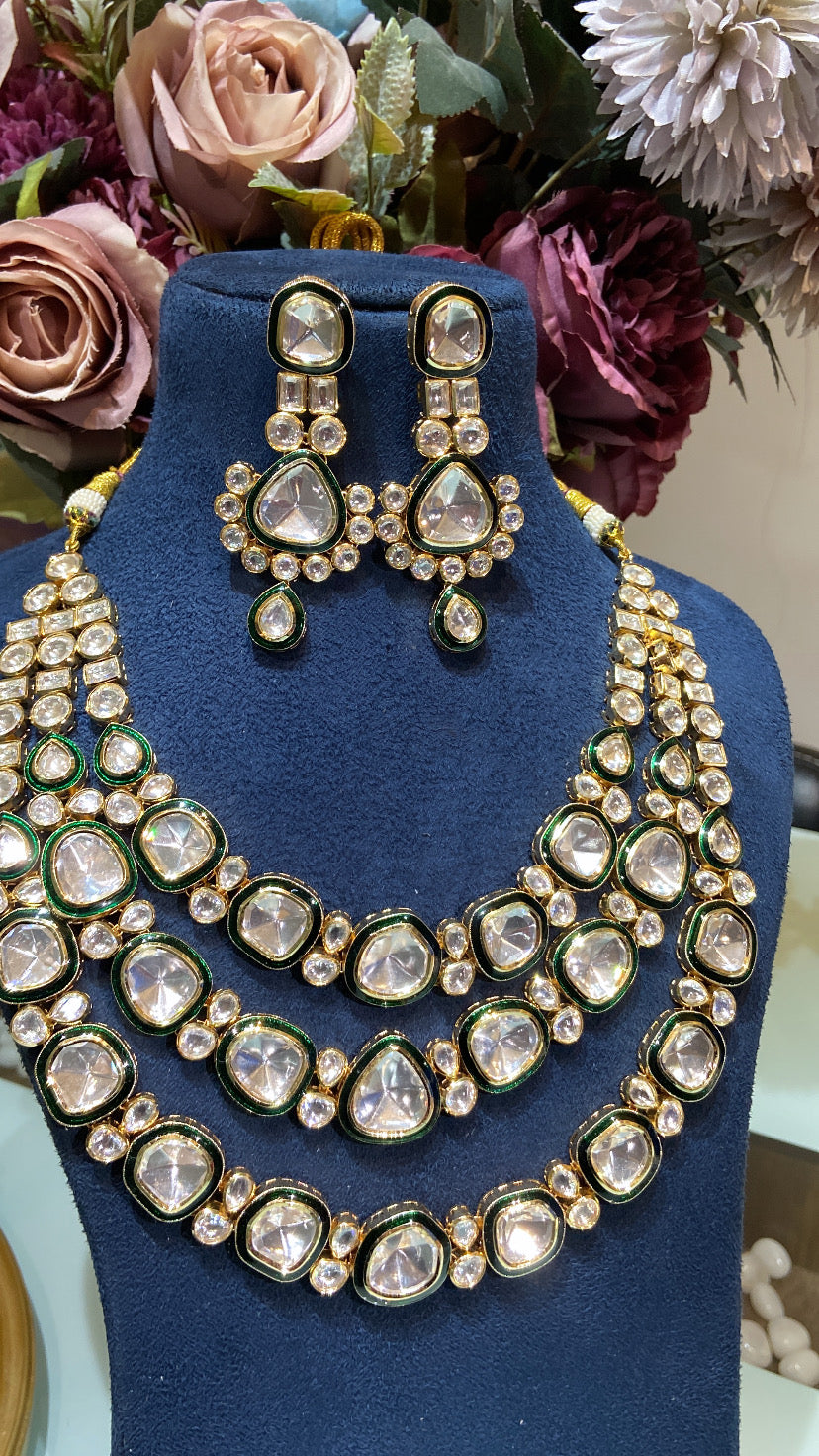 Festive 3 liner green enamel kundan set