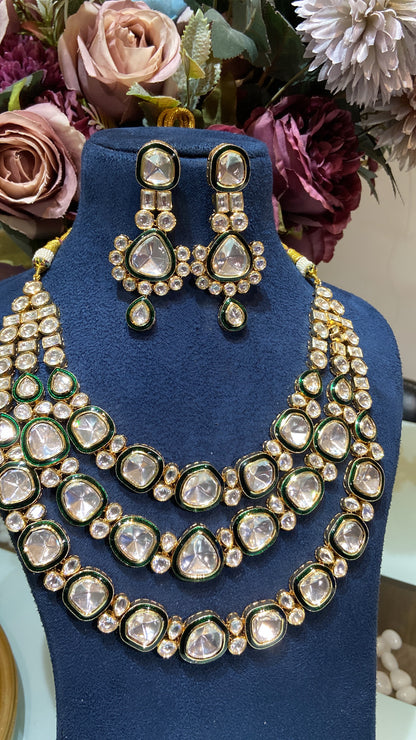 Festive 3 liner green enamel kundan set