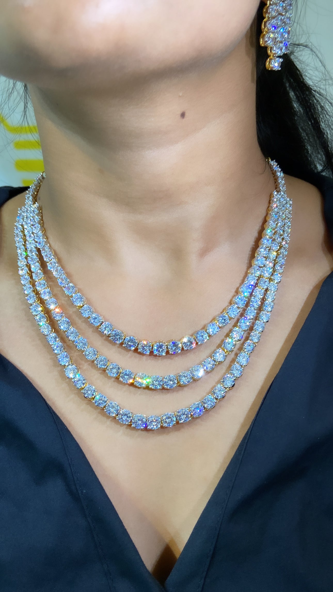 BLING STORY - 3 liner solitaire diamanté necklace set with earrings