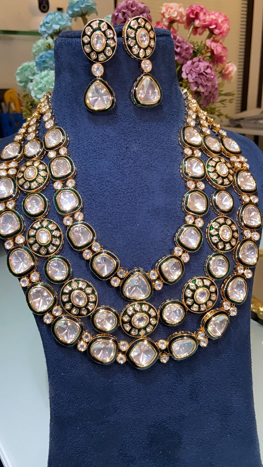 Maharani Festive 3 liner green enamel kundan set