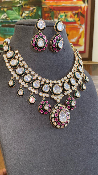 Antique Kundan Polki Choker Set with Emerald & Ruby Pink Meenakari