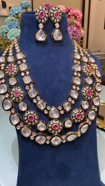 Maharani Festive 3 liner green enamel kundan set
