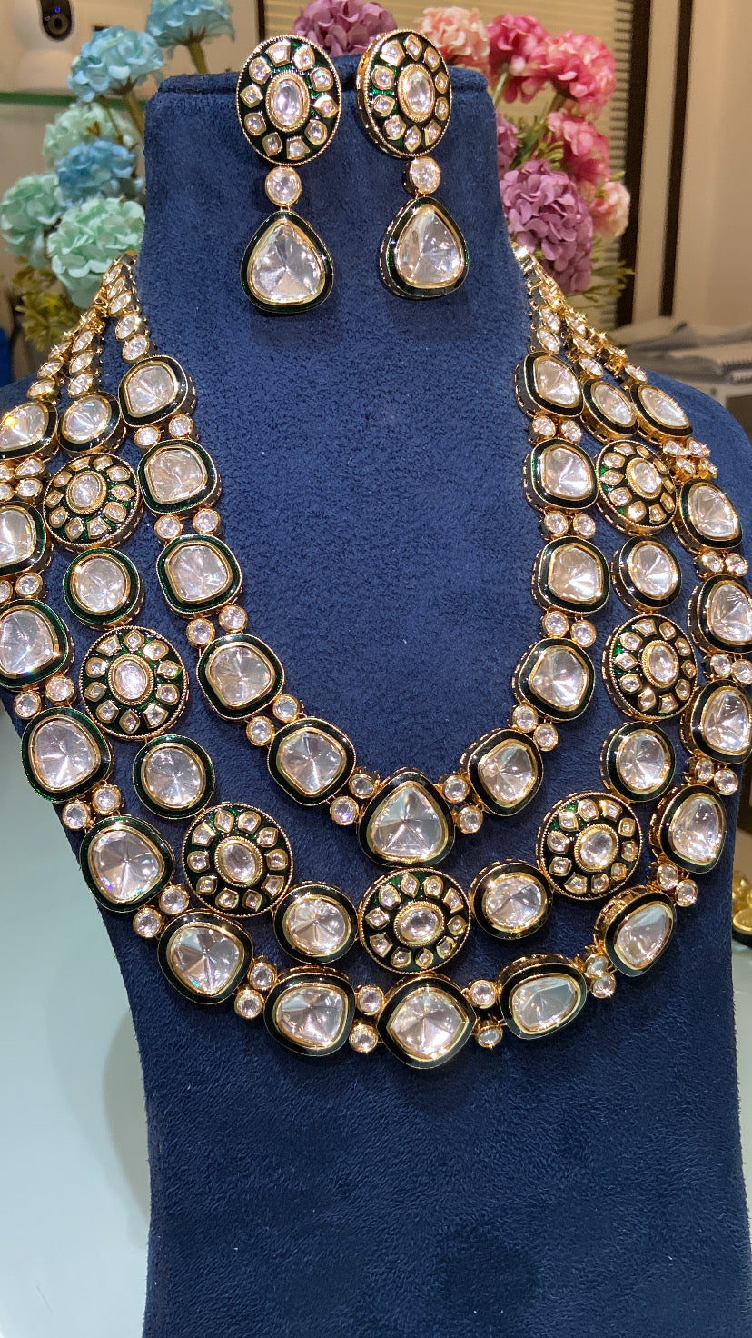 Maharani Festive 3 liner green enamel kundan set
