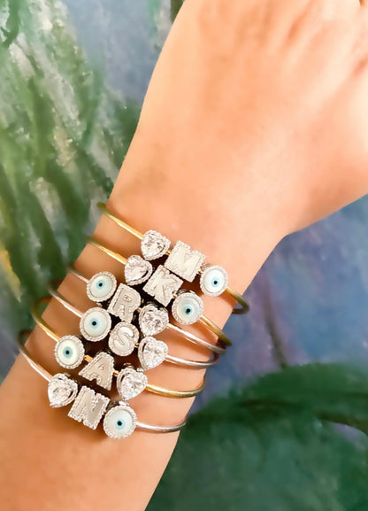 Initial Bracelet  with Heart & Evil Eye