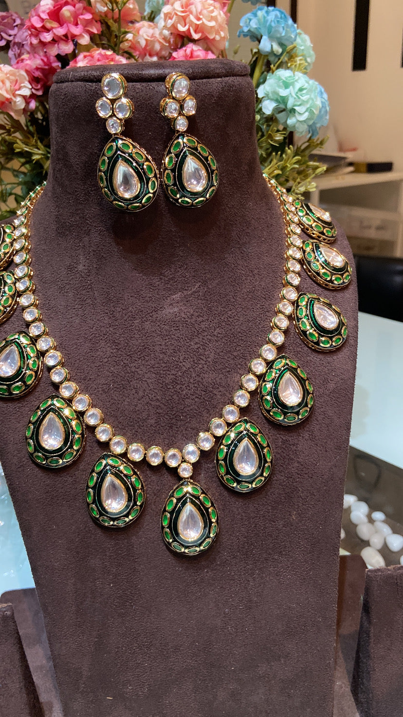 AMEYA LONG POLKI GREEN MEENAKRI SET