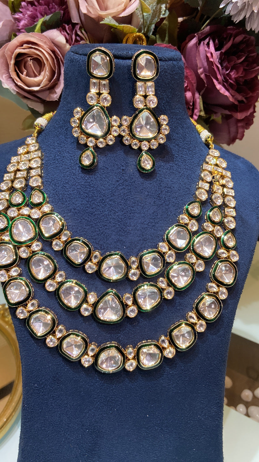 Festive 3 liner green enamel kundan set
