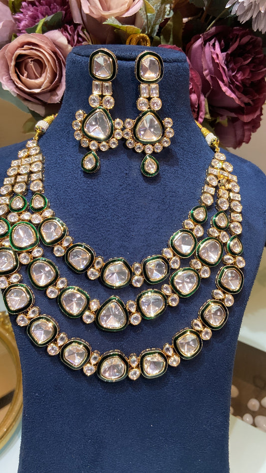 Festive 3 liner green enamel kundan set