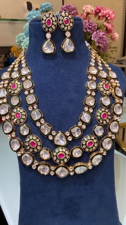 Maharani Festive 3 liner green enamel kundan set