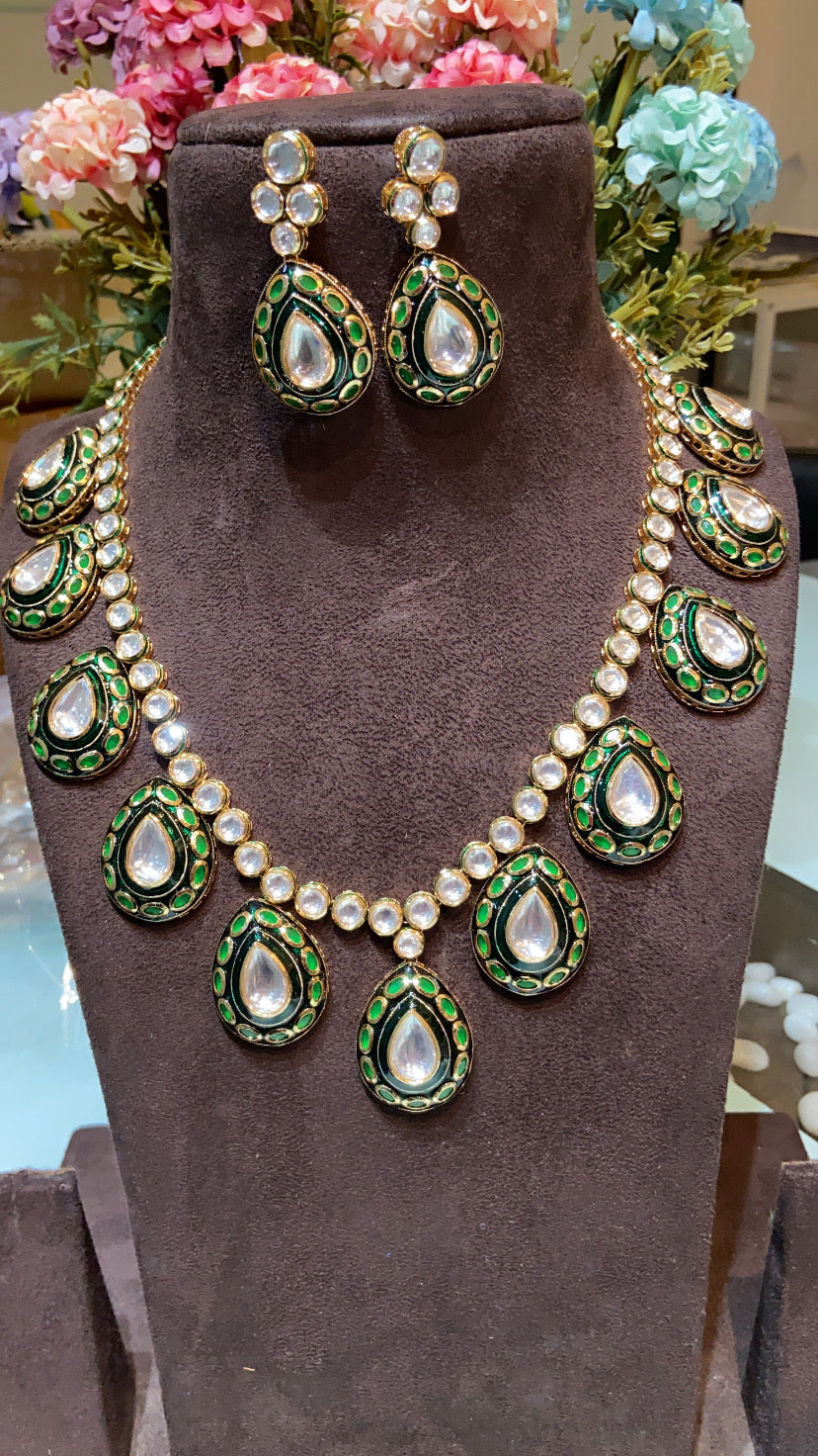 AMEYA LONG POLKI GREEN MEENAKRI SET