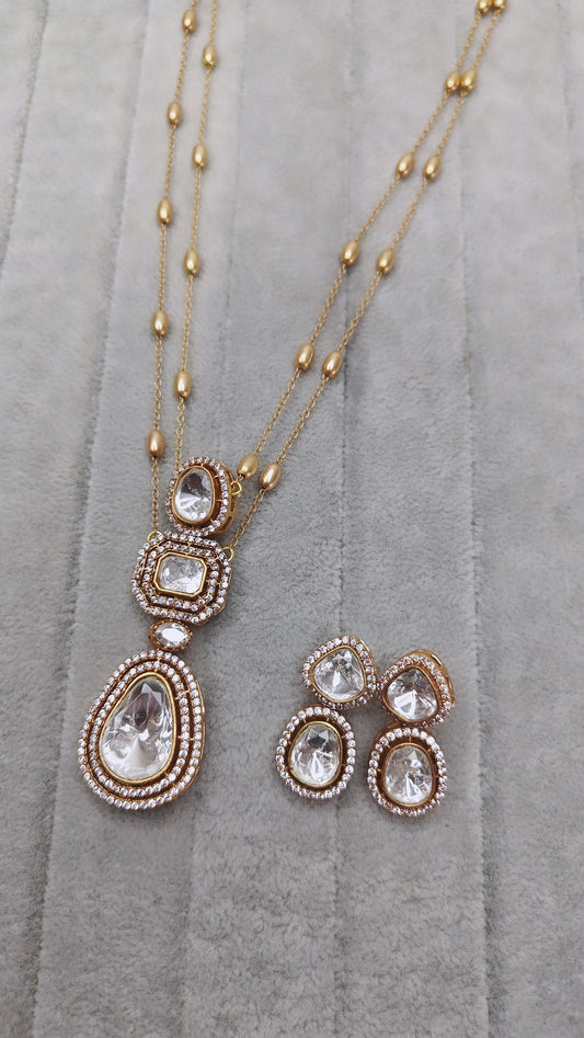 Festive Moissanite polki pendant chain earring set