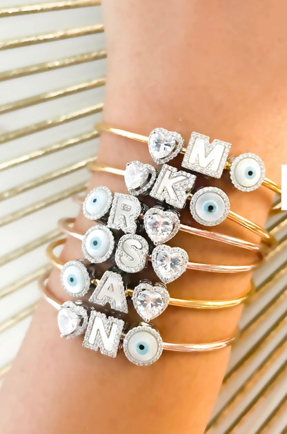 Initial Bracelet  with Heart & Evil Eye