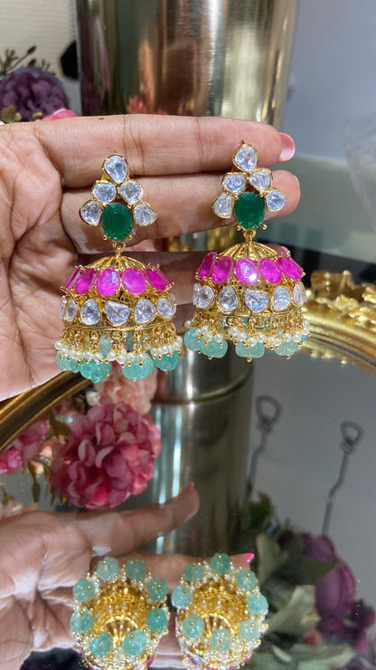 Red Green moissanite Polki Jhumkis