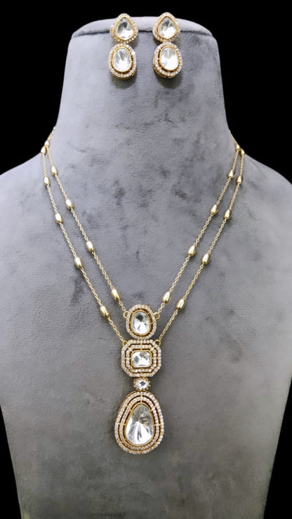 Festive Moissanite polki pendant chain earring set