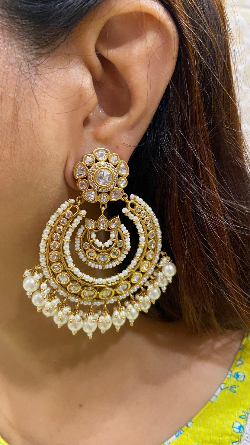 RAYSHA Moissanite Polki Pearl Chandbali