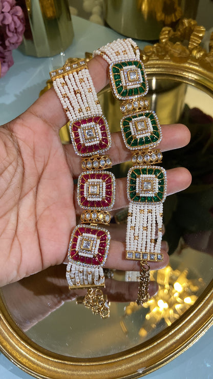 Festive Red green Pearl Polki Tennis Bracelet (Single Piece)
