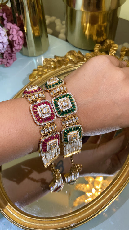 Festive Red green Pearl Polki Tennis Bracelet (Single Piece)