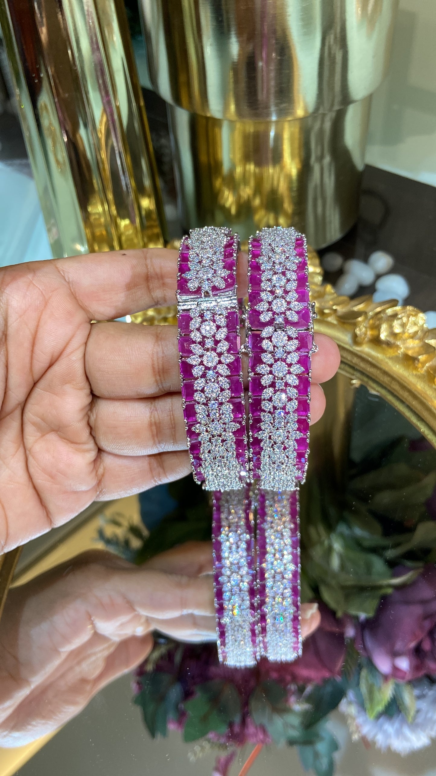 Designer Diamond colour stone Bangles - PAIR (WITH LOCK) openable 🪄