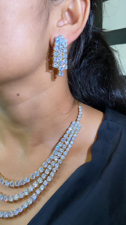 BLING STORY - 3 liner solitaire diamanté necklace set with earrings