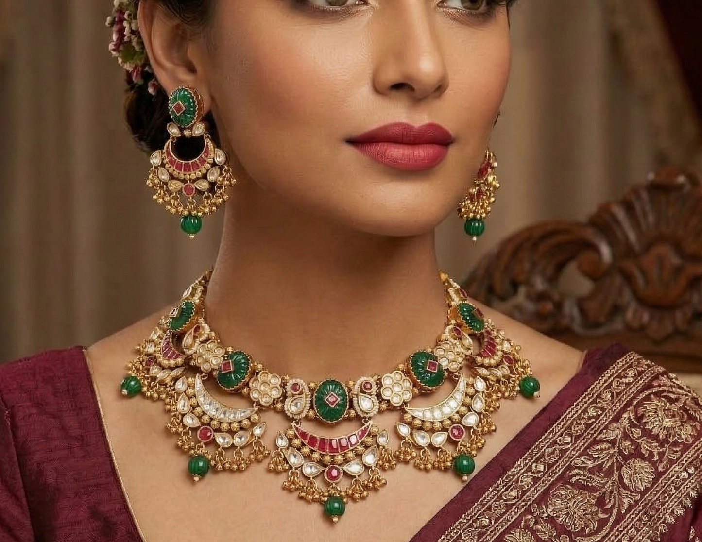 The Shahi Emerald Chandbali Set
