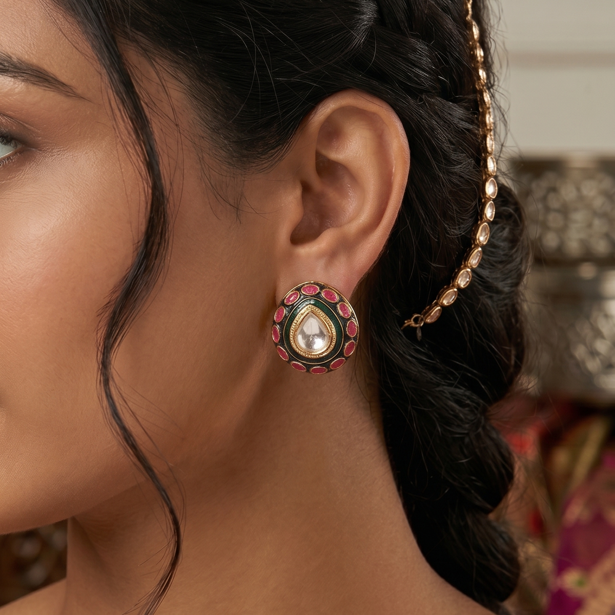 Meera Meenakari Teardrop Stud Earrings