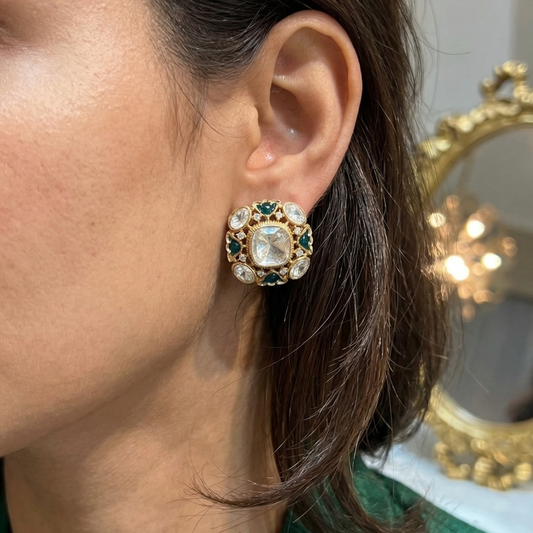 Regal Emerald/Ruby Square polki Studs