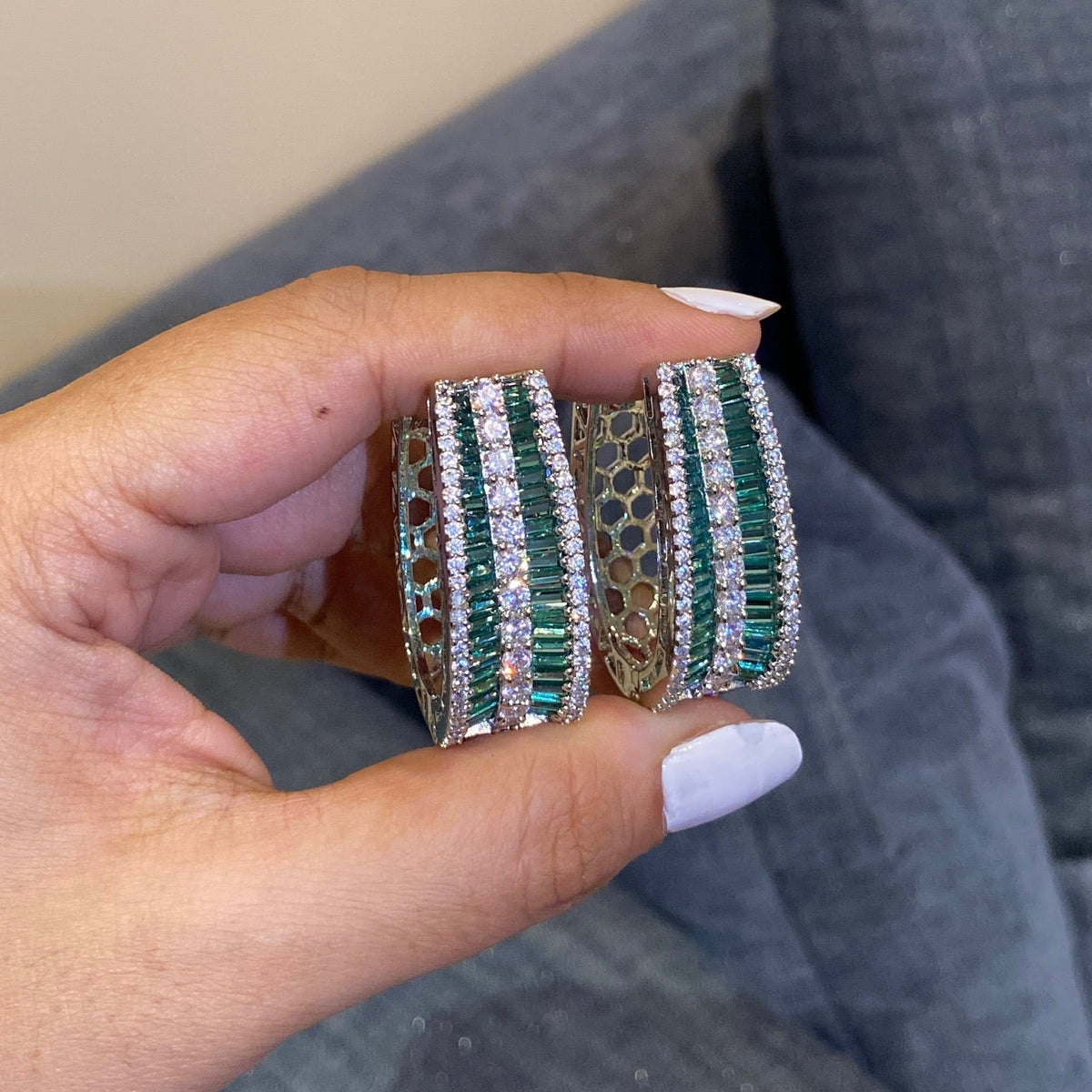 Emerald Baguette Huggie Hoops