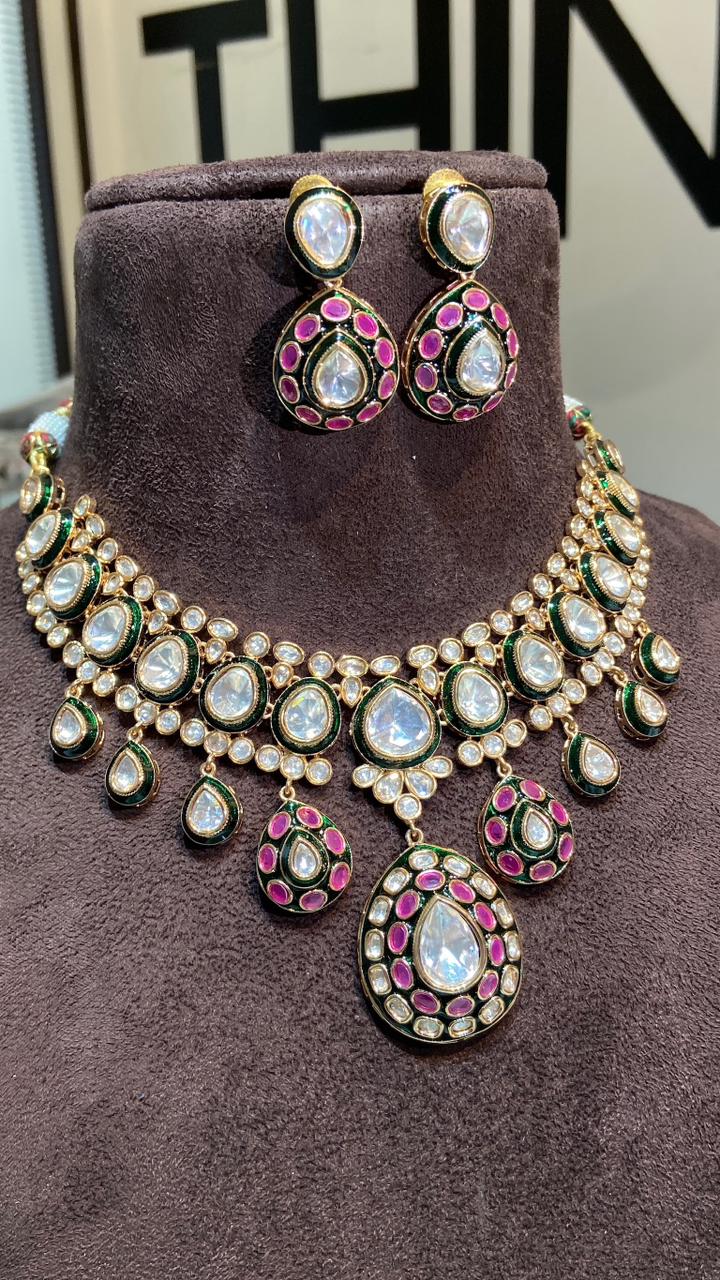 Antique Kundan Polki Choker Set with Emerald & Ruby Pink Meenakari