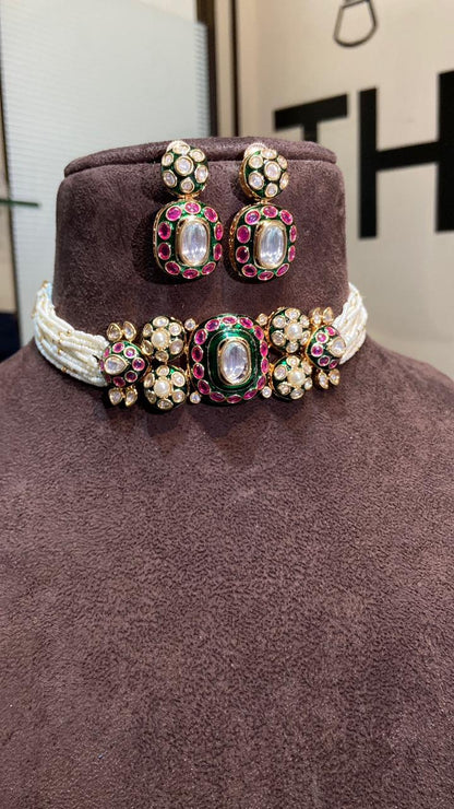 Nizami pearl Polki Choker Set with Emerald & Ruby Pink Meenakari
