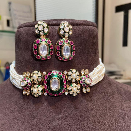 Nizami pearl Polki Choker Set with Emerald & Ruby Pink Meenakari