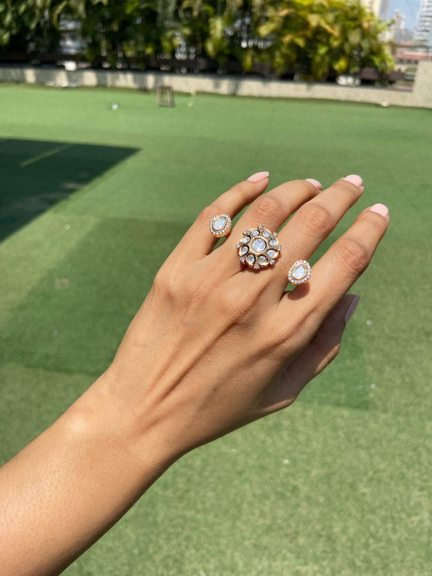 Polki Diamond Between-the-Finger Ring - 3 finger ring