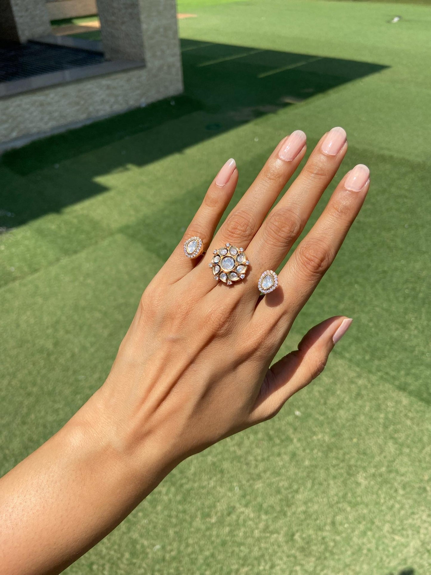 Polki Diamond Between-the-Finger Ring - 3 finger ring