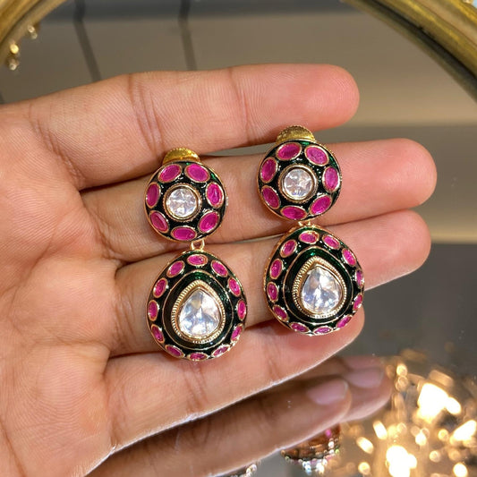 Ruby Pink Meenakari Teardrop Earrings