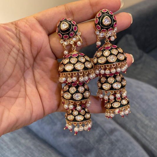 Devika Triple-Tier Emerald & Ruby Jhumkas