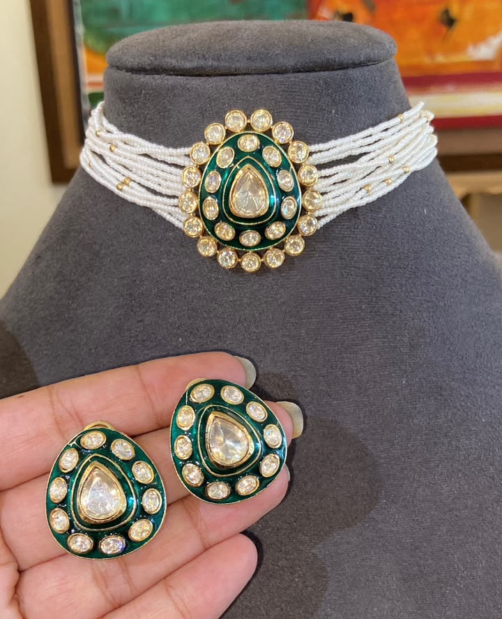 Aanya Emerald Polki & Pearl Choker Set