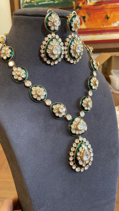 Zoya Emerald Motif Polki Long Necklace Set
