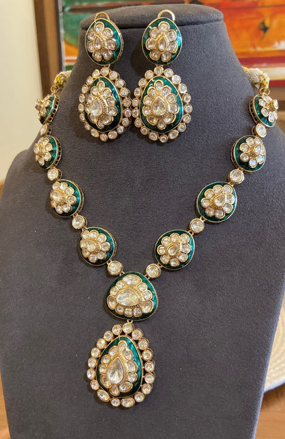 Zoya Emerald Motif Polki Long Necklace Set