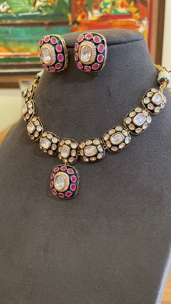 Ira Square-Cut Ruby & Polki Necklace Set