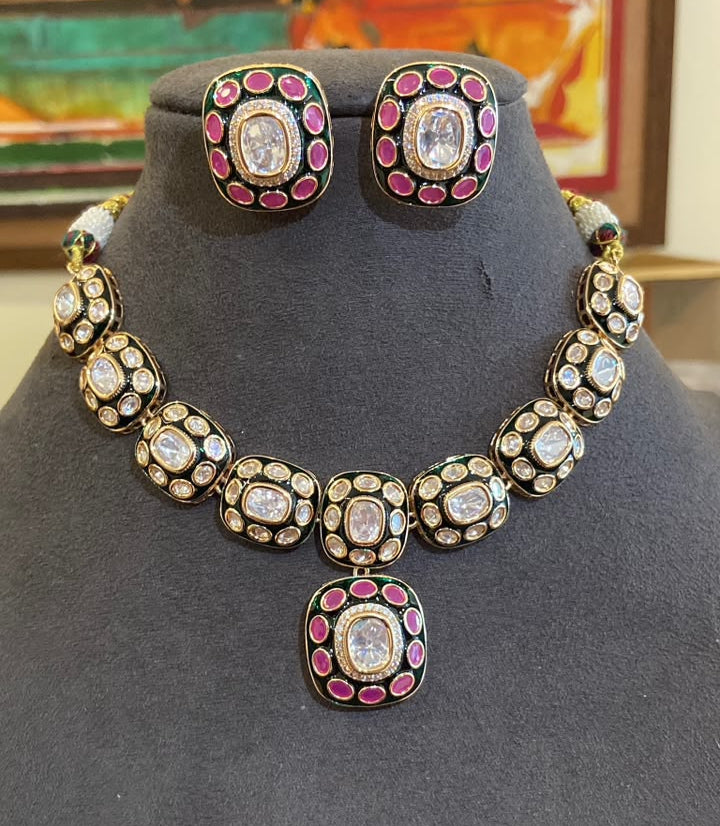 Ira Square-Cut Ruby & Polki Necklace Set