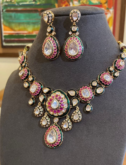 Diya Floral Ruby Polki Pendant Necklace Set