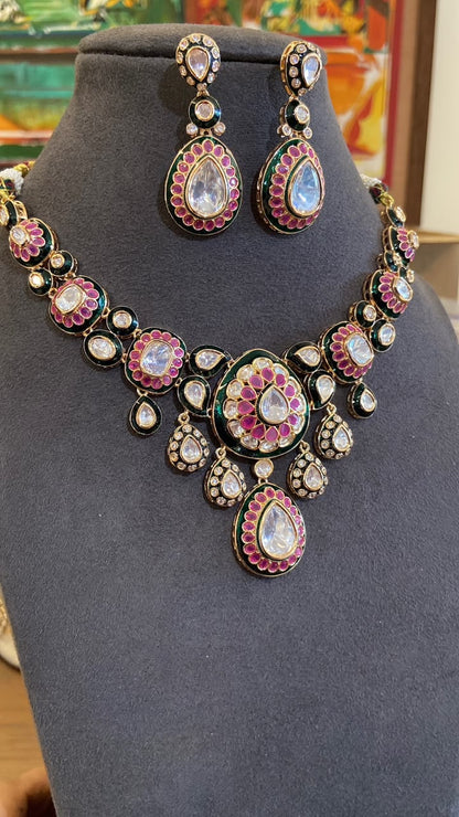 Diya Floral Ruby Polki Pendant Necklace Set