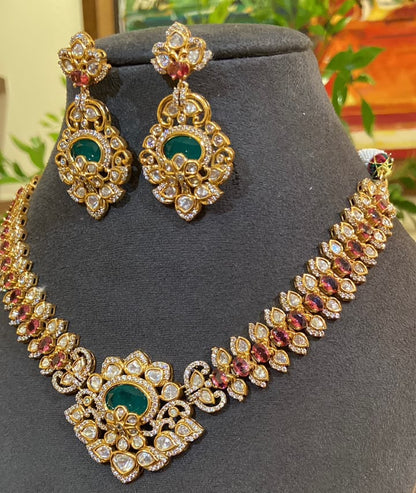 Emerald-Centric Floral Polki Necklace