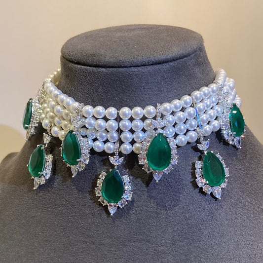 Row Pearl & Emerald Drop Bridal Choker
